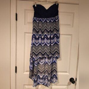 No Boundaries Strapless blue and white patterned high low dress XL